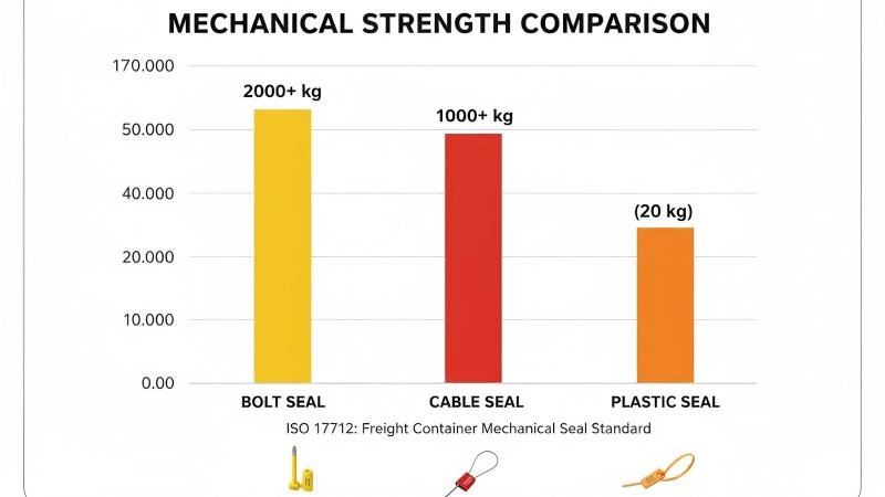 A technical comparison chart showing breaking strength data for Bolt, Cable, and Plastic seals.