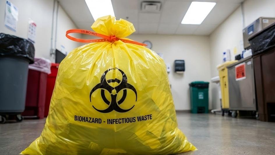 A yellow biohazard waste bag securely closed with a plastic pull-tight seal.