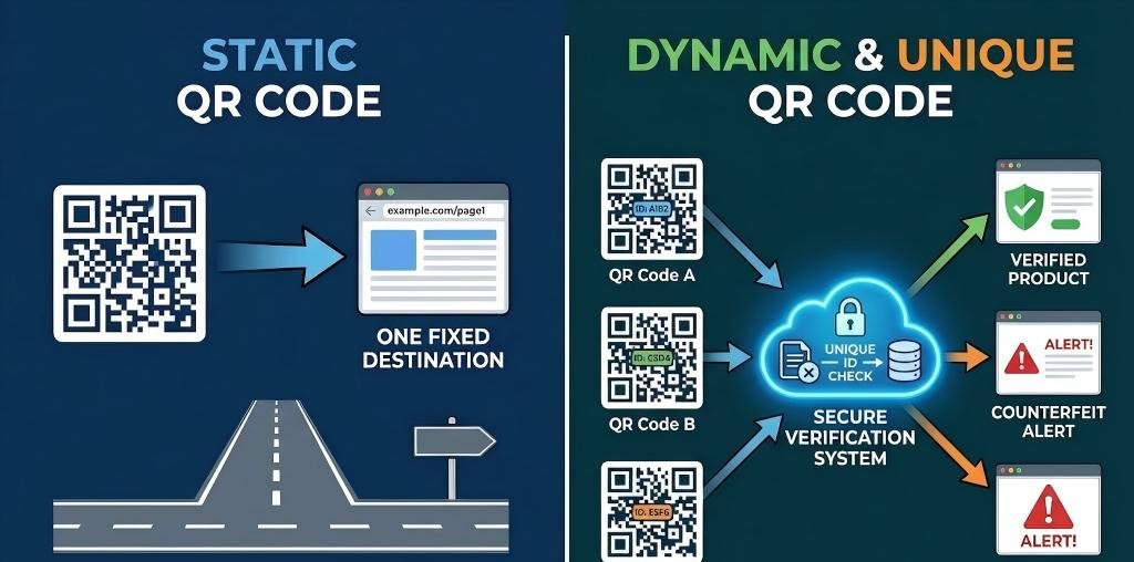 A graphic illustrating the difference between a "Static QR Code" pointing to one URL and a "Dynamic & Unique QR Code" pointing to a secure verification system that checks a unique ID.