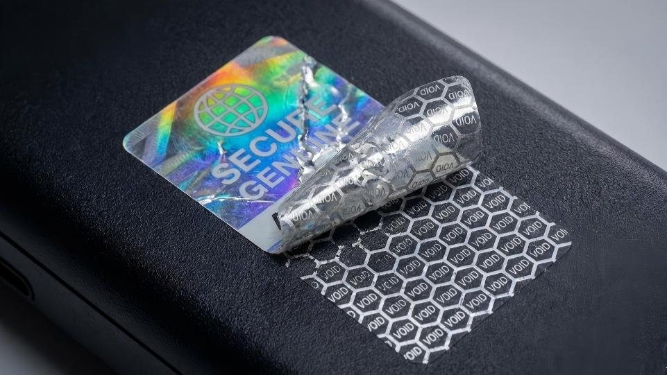 A hologram label that has been partially peeled off, leaving behind a "VOID" pattern on the product surface. The peeled part of the label is visibly damaged.