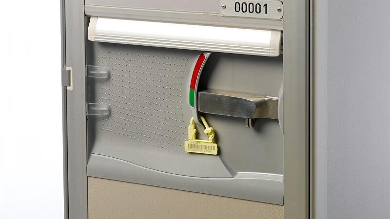 Close up of a plastic padlock seal showing the break point