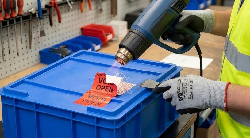 Worker using a heat gun to gently peel a label off a box