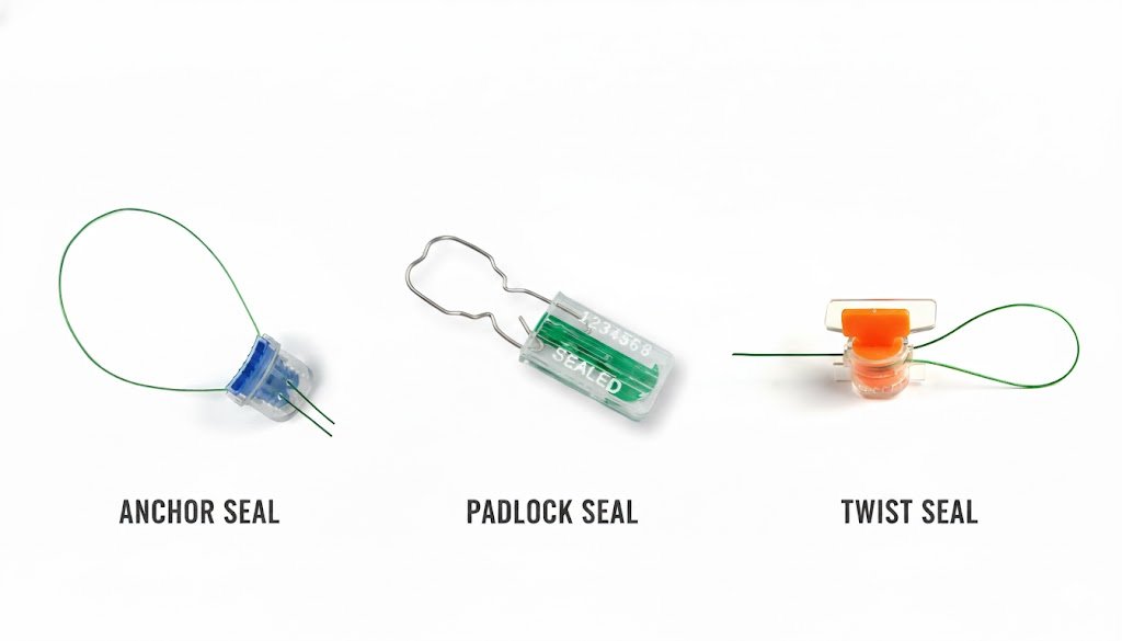 Twist vs Anchor vs Padlock Seals Three types of seals—Twist, Anchor, and Padlock—displayed side-by-side to show their different locking bodies.