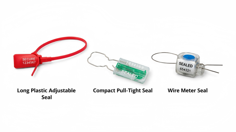 Three distinct seals displayed: a long plastic adjustable seal, a rigid padlock seal, and a wire meter seal.