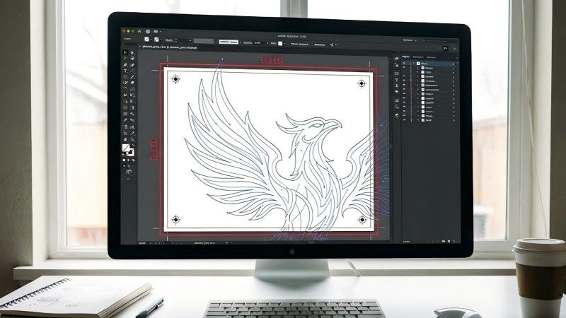 Computer screen showing vector outlines and bleed marks