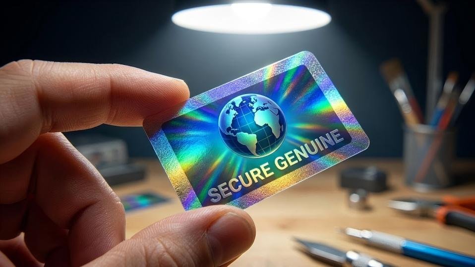 A close-up of a person tilting a hologram label, showing the dramatic color shift and 3D depth effect under a light source.